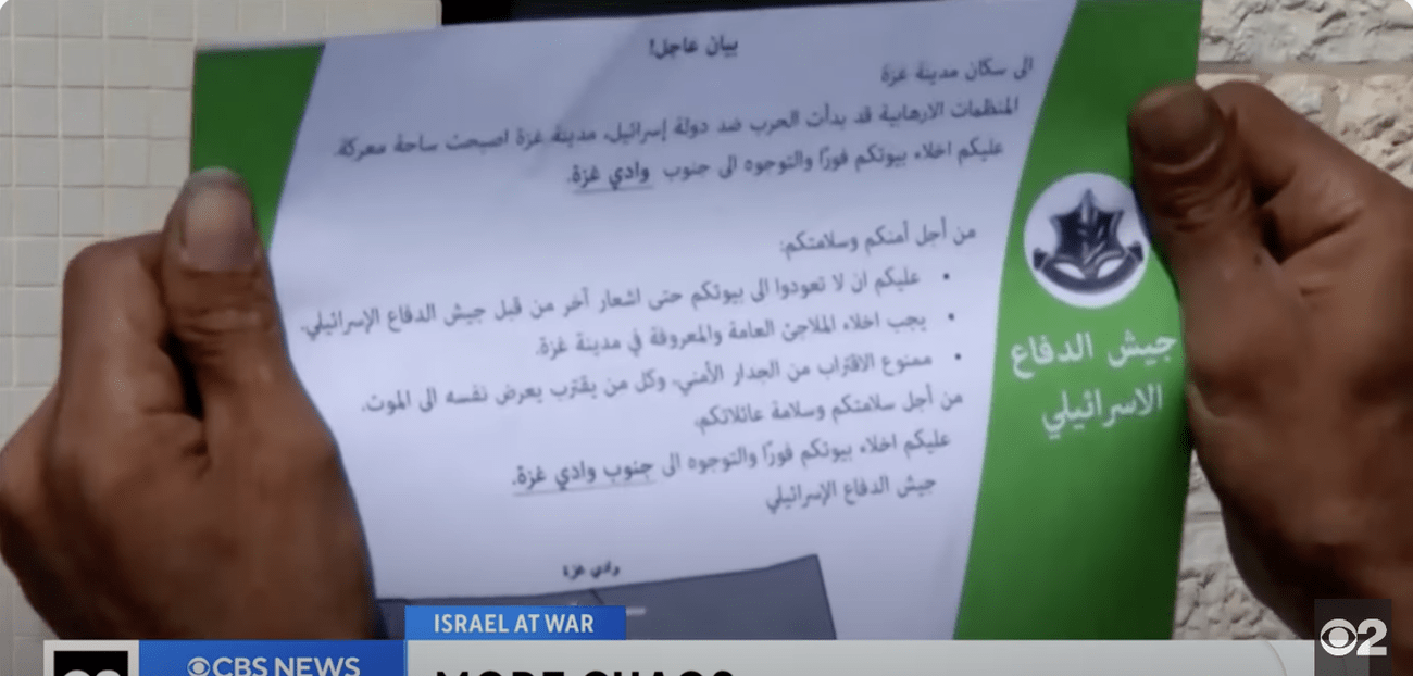 An image from a CBS Chicago video of one of the leaflets dropped by Israeli planes over Gaza on October 13.