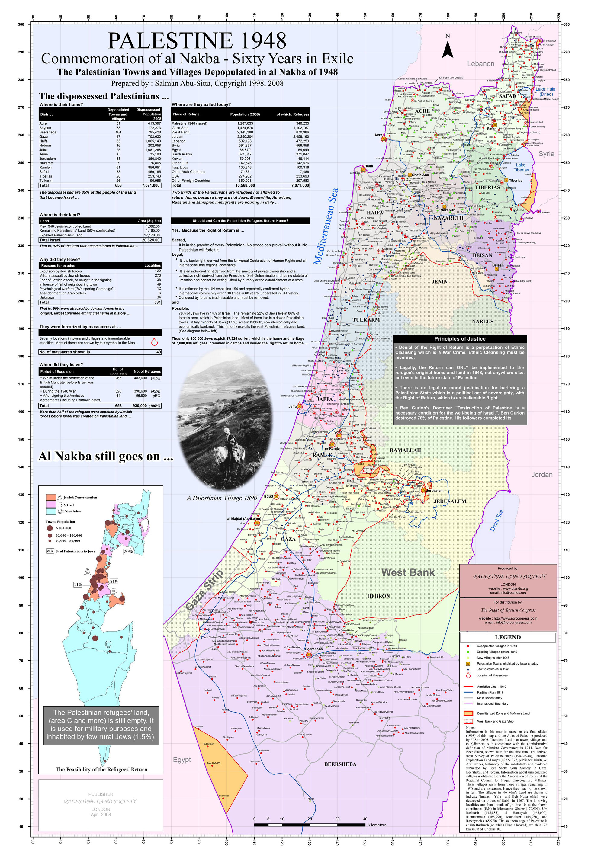 In commemoration of 60 years in exile, Abu Sitta mapped the dispossession of Palestinians and the depopulation of their villages during the ethnic cleansing of 1948. The map was produced in 1998. (Salman Abu Sitta/Palestine Land Society). 