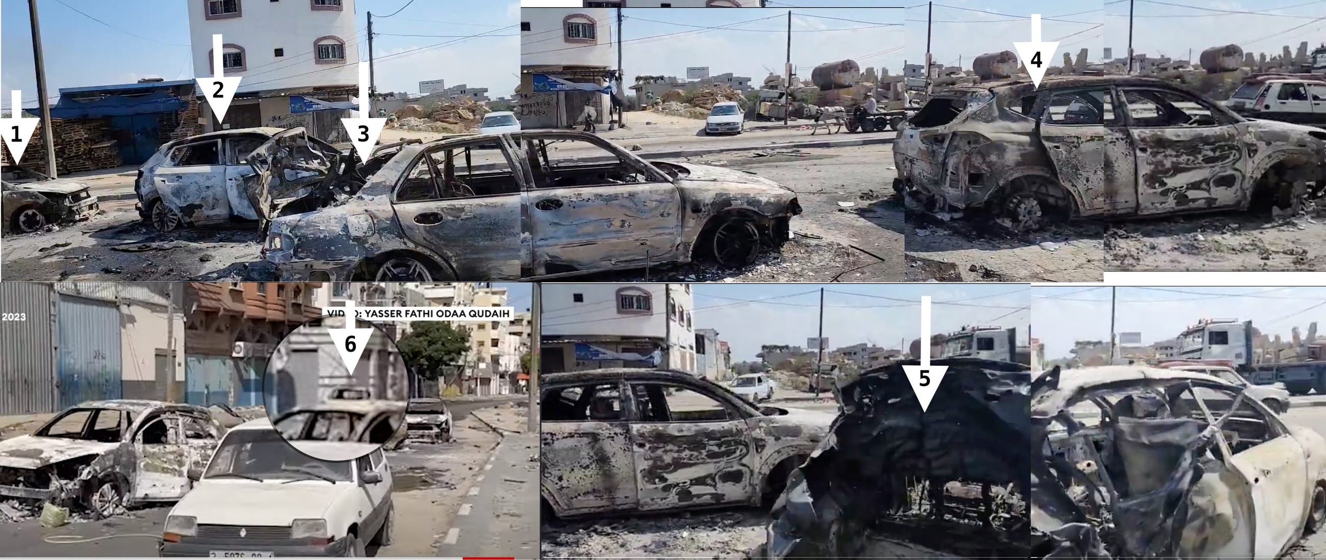Screenshots from a Forbes Breaking News video, and from a video by journalist Al-Zanoon, show the various bombed and burned cars along the street.