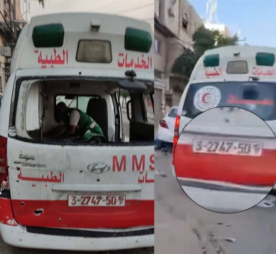 صور من قناة القدس نيوز لسيارة الإسعاف المتضرّرة، رقم سيارة الإسعاف مطابق لرقم السيارة التي ظهرت في فيديو وزارة الصحة الفلسطينية/غزة.