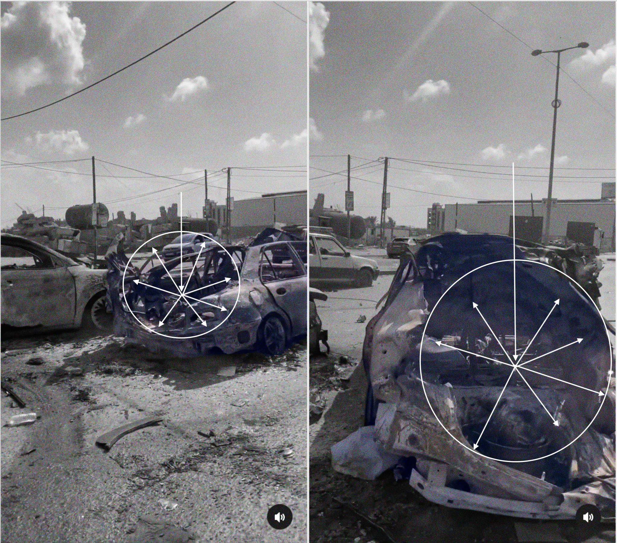 Screenshots from journalist Al-Zanoon’s video on Instagram, showing the shape of the projectile’s fall and its impact on the two cars. White circle and arrows: the shape of the fragment dispersion. Screenshots taken in October 2023.