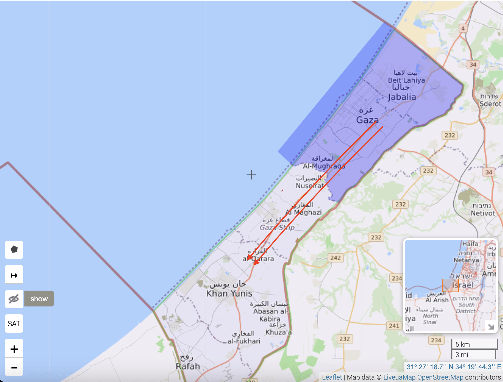 A screenshot of a Liveuamap map of Gaza City. Blue: civilian evacuation zone from northern Gaza. Red arrows: the direction of the evacuation towards the south; civilians were instructed to move south. Screenshot taken in October 2023.
