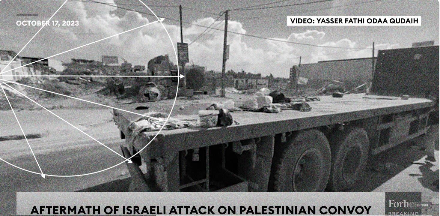 A screenshot from the Forbes Breaking News video showing bloodstains on the truck’s second trailer. The white circle and arrows indicate the possible extent and direction of mortar shell fragments. Screenshot taken in October 2023.