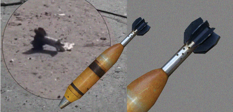 Left: a screenshot from journalist Al-Zanoon's video showing ammunition remains, possibly the rear propeller of an 81 mm mortar shell. Right: a photo from CAT-UXO of an 81 mm Israeli M43 mortar shell. Photos were taken in October 2023.