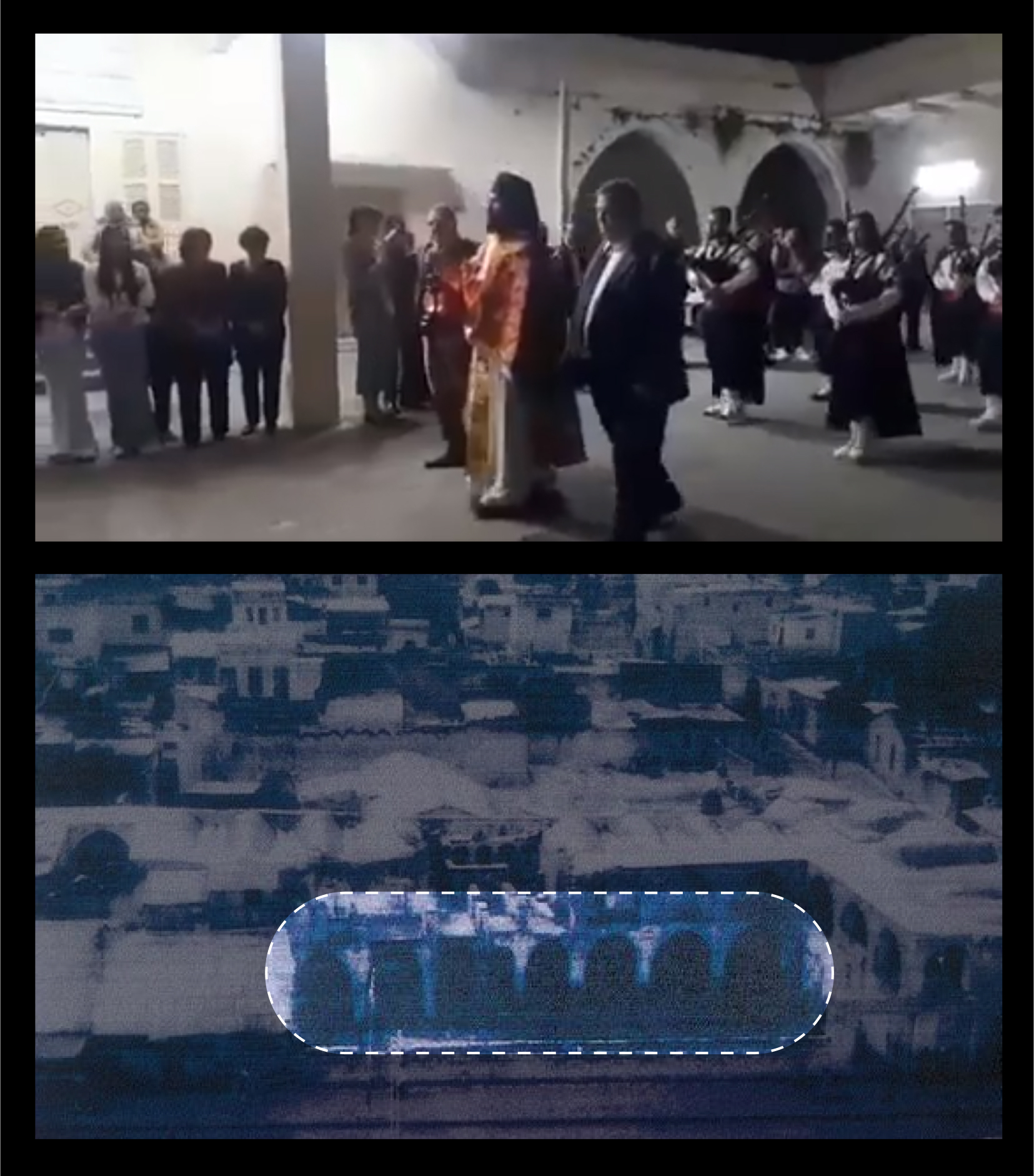 Screenshot from Facebook video of a ceremony. Images of Archaeological sites in Gaza’s Old City: Khan Al-Zait, the Old City of Gaza, and the church.