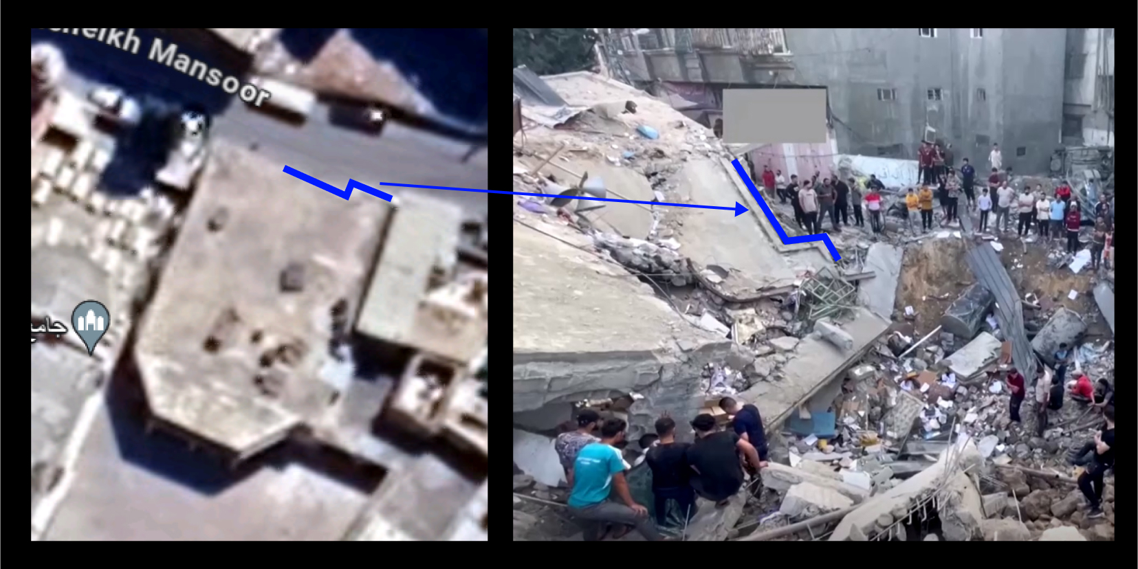Left: A satellite image. Right: A screenshot of a video showing a collapsed building.