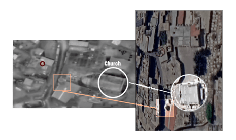 Satellite imagery of the building reportedly targeted by the Israeli military (red and black circle).