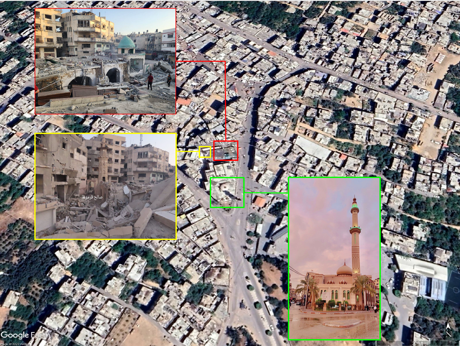 A composite map showing the location of the Al-Omari mosque in Jabalia, Gaza, containing satellite imagery, an image of the mosque before the October 20 attack, and two images of the destruction after.