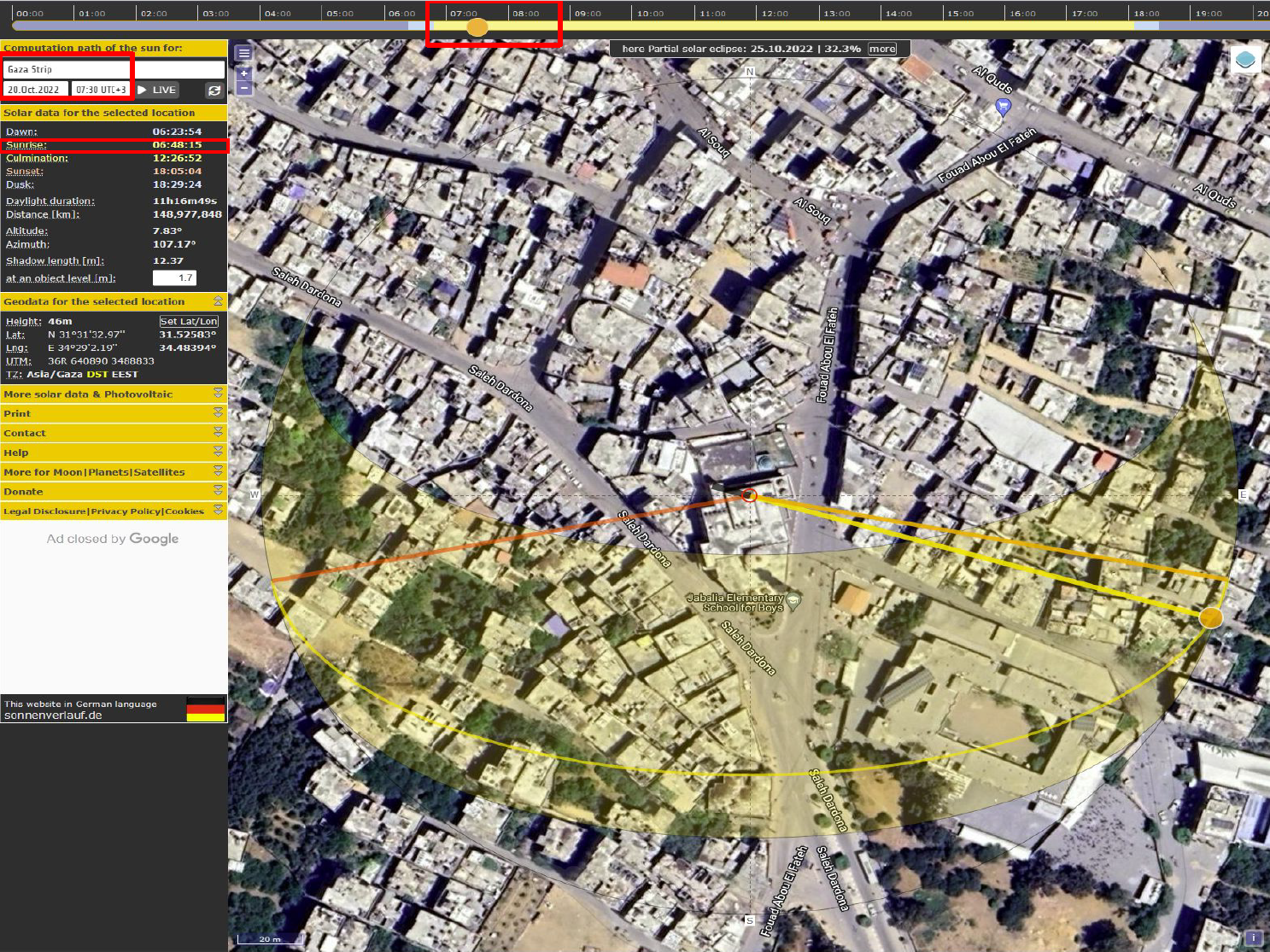 An image from SunCalc showing the position and path of the sun at the mosque site on the date of the attack around the Al Omari mosque.