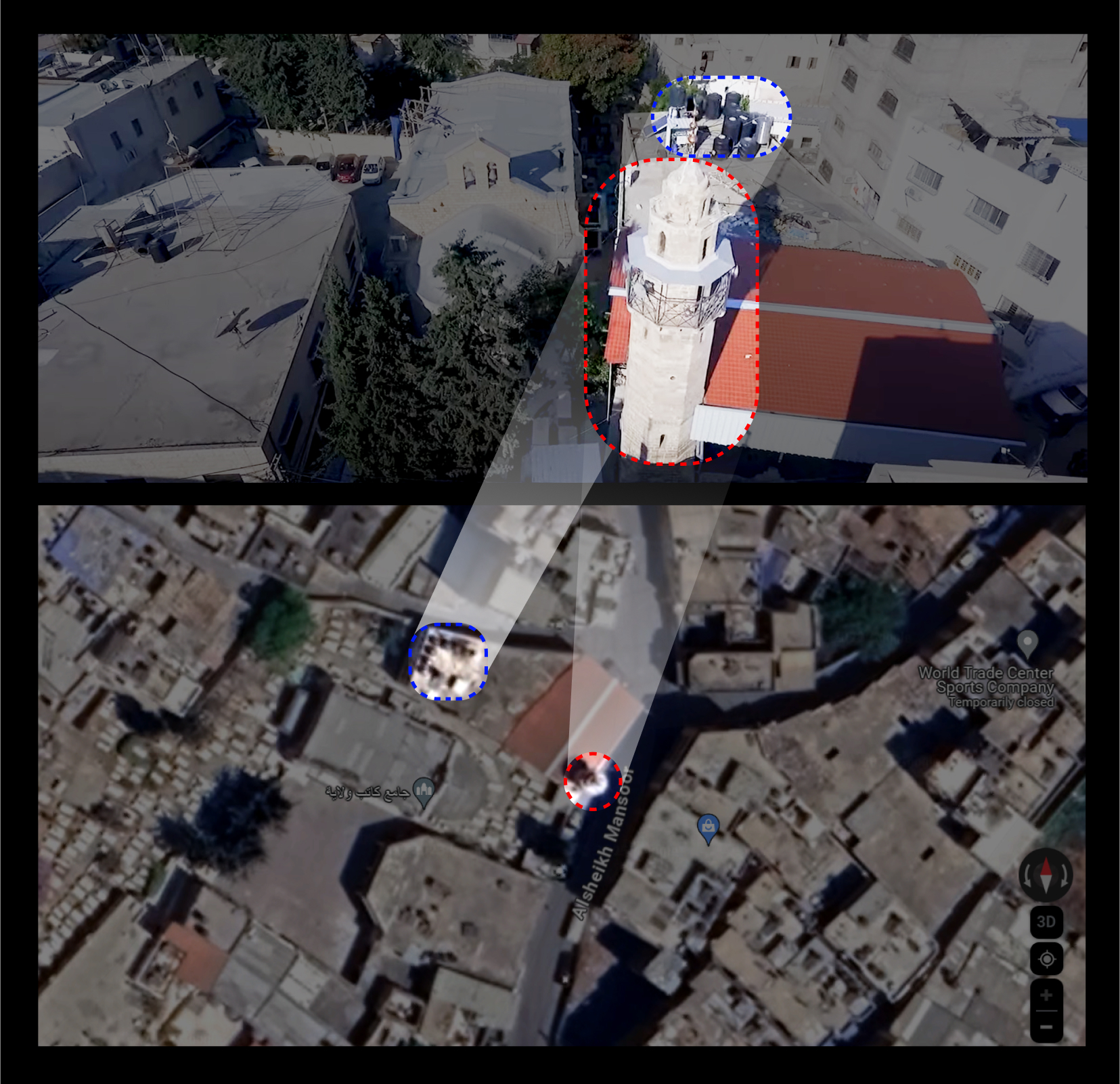 Satellite images and footage from YouTube of the Kateb Wilaya mosque and the Saint Porphyrius church in Gaza. Blue: Saint Porphyrius Church building. Red: Kateb Wilaya mosque.