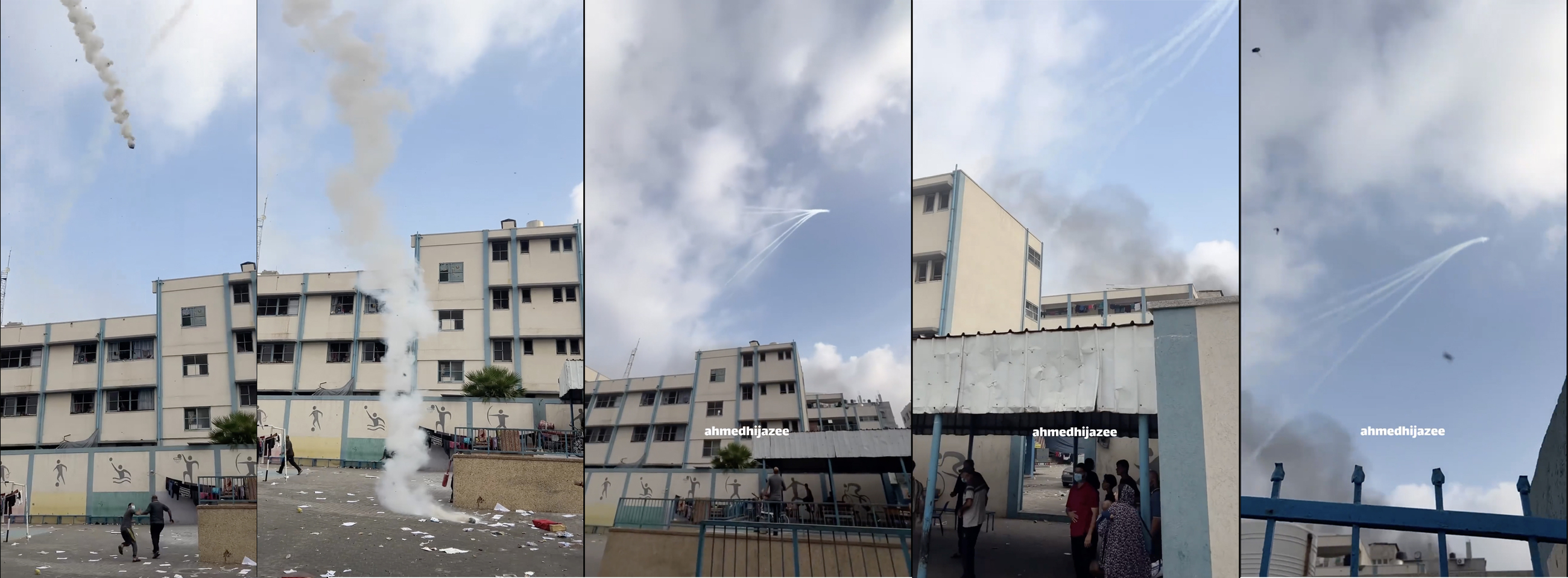Screenshots from a journalist's video showing phosphorus bombs falling in a school in Gaza.