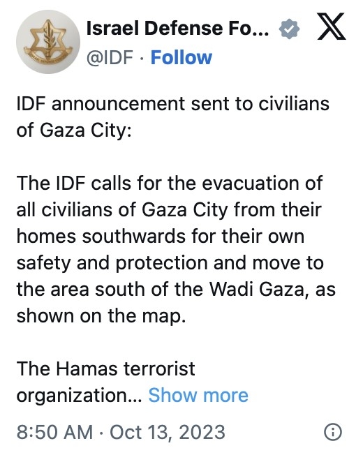 A screenshot of the Israeli military announcement on October 13, 2023, at 8:50 a.m.