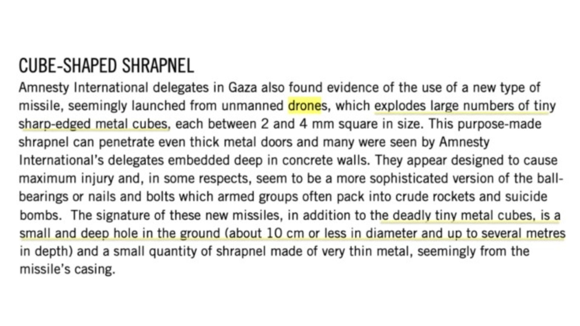 Screenshot from an Amnesty international report documenting the use of a specific kind of ammunition by Israeli unmanned aerial vehicles in the war on Gaza.