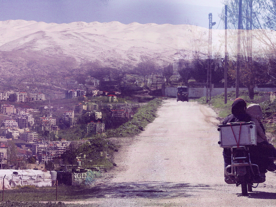 A composite image of women riding a motorcycle through agricultural fields in Central Bekaa and a snowy mountain range. 