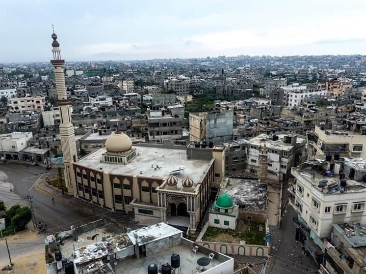 An aerial photograph of the Al Omari mosque in Jabalia, Gaza.