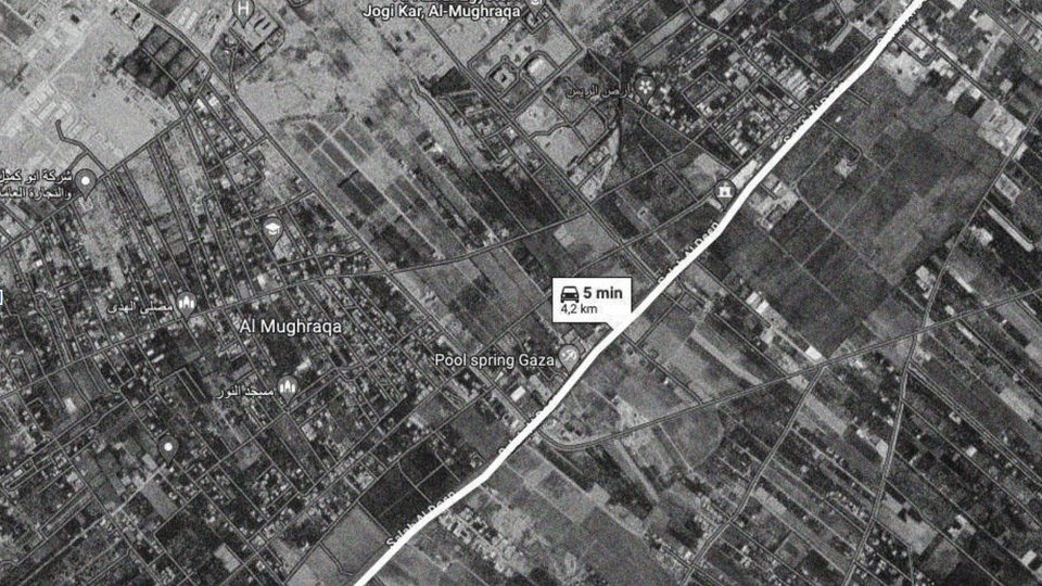 A screenshot of a satellite image from Google Maps showing the distance between the site of the Wadi Gaza Bridge incident and the site of the Salah al-Din Street attacks, the Kuwait Roundabout.